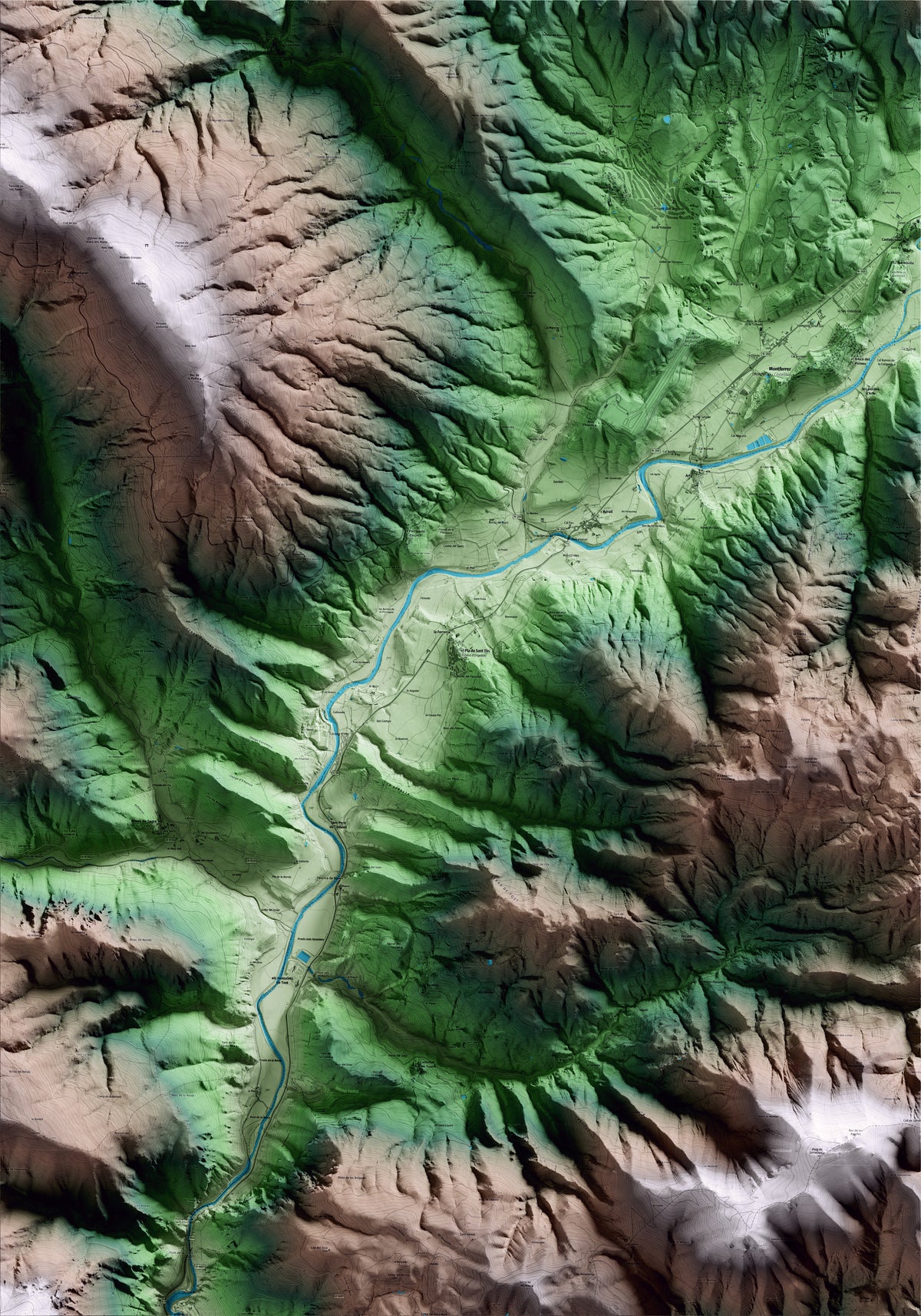 Mapa artístico del relieve de Ribera d'Urgellet, al Alt Urgell, con 15 km de entorno y base topográfica ICGC