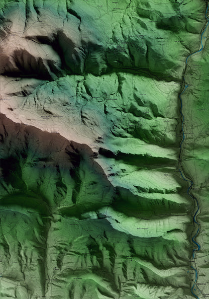 Mapa artístico del relieve de Ribes de Freser, al Ripollès, con 15 km de entorno y base topográfica ICGC. Detalle de la zona inferior izquierda.