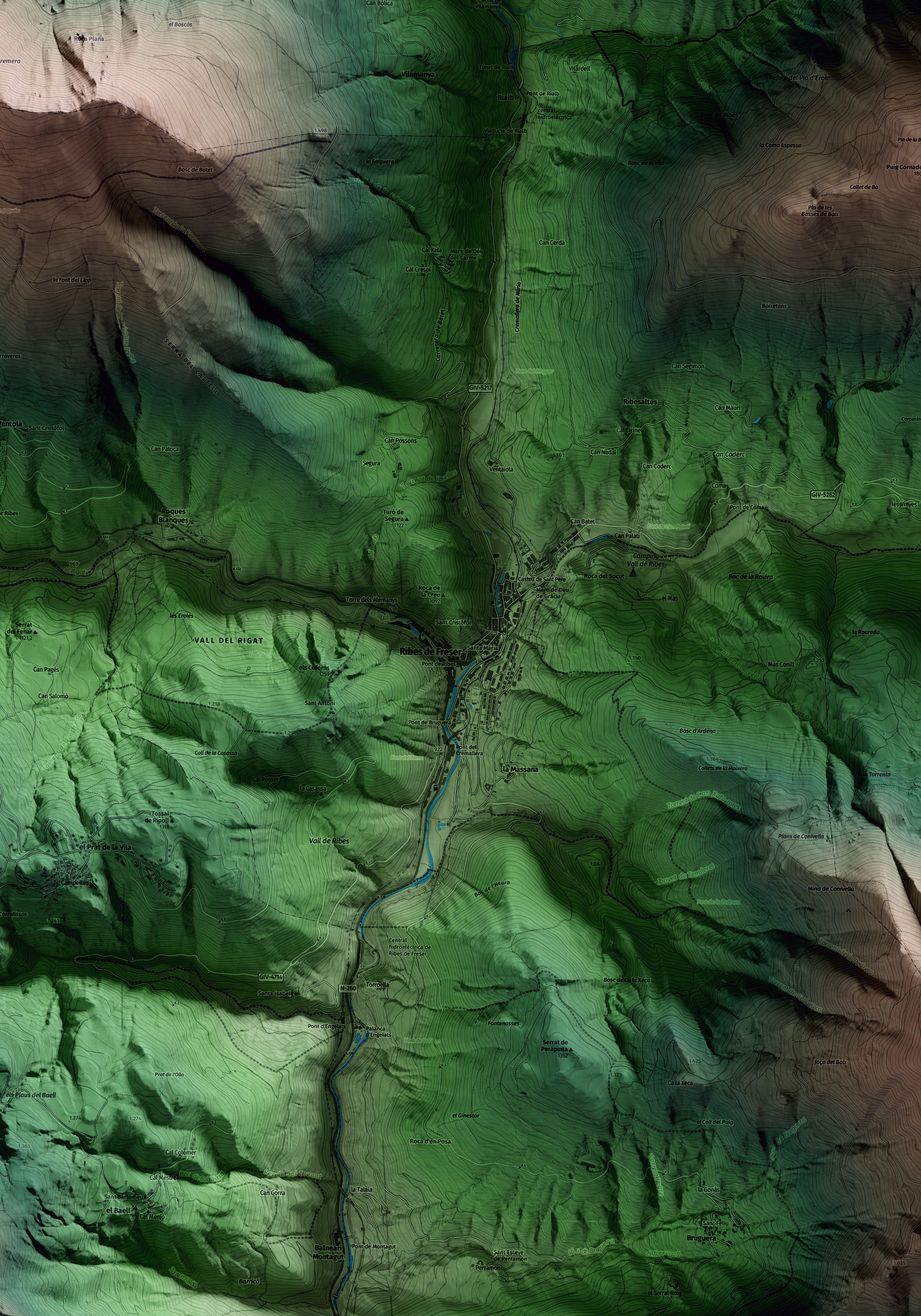 Mapa artístico del relieve de Ribes de Freser, al Ripollès, con 15 km de entorno y base topográfica ICGC. Detalle de la zona central.