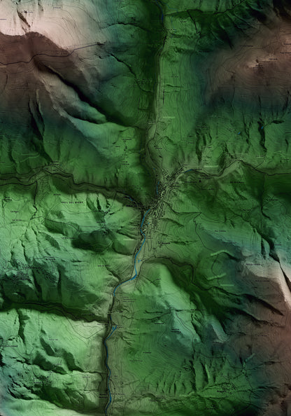 Mapa artístico del relieve de Ribes de Freser, al Ripollès, con 15 km de entorno y base topográfica ICGC. Detalle de la zona central.