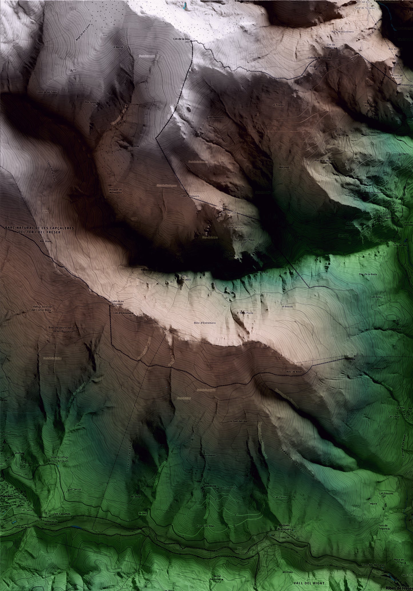 Mapa artístico del relieve de Ribes de Freser, al Ripollès, con 15 km de entorno y base topográfica ICGC. Detalle de la zona superior izquierda.