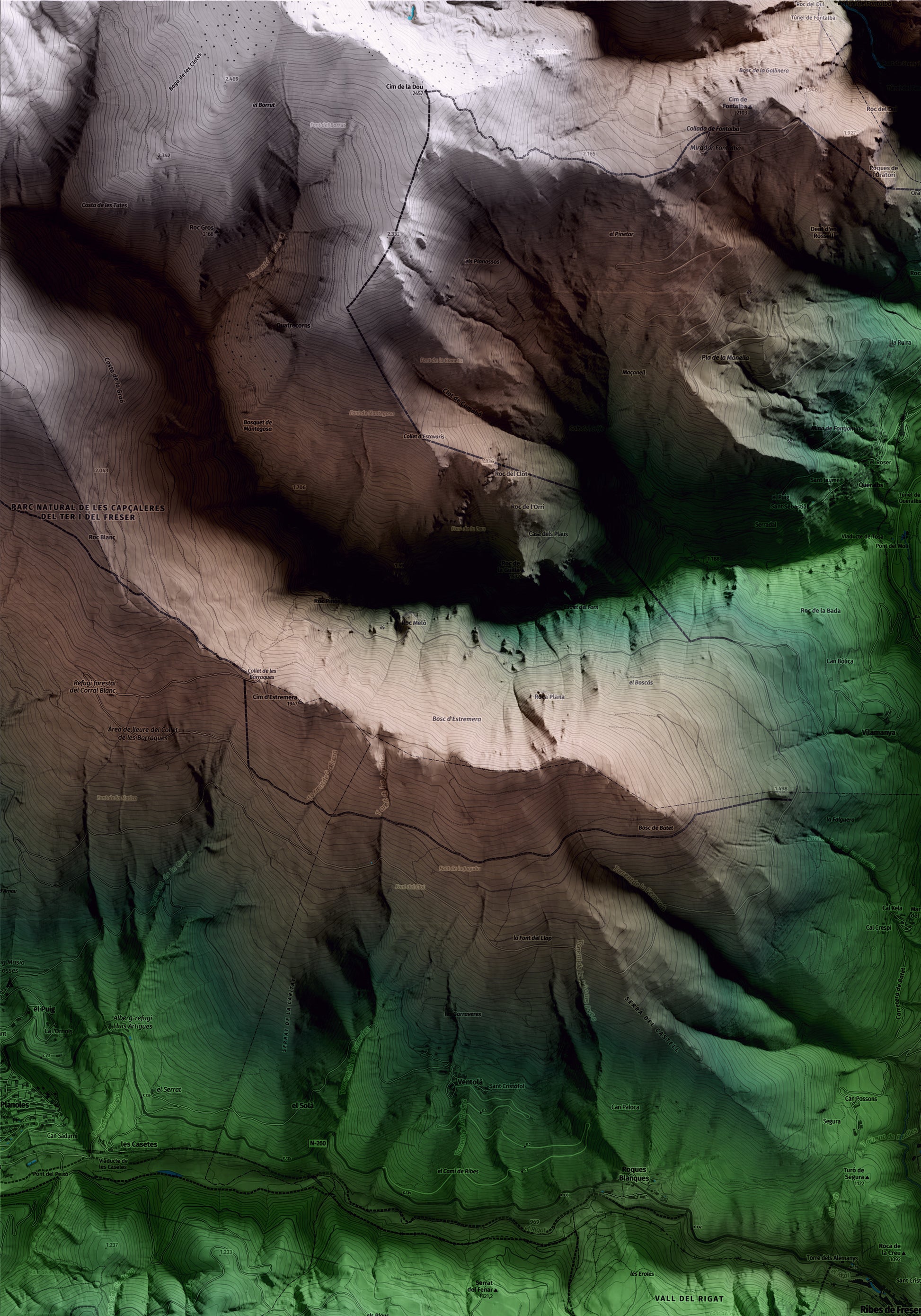 Mapa artístico del relieve de Ribes de Freser, al Ripollès, con 15 km de entorno y base topográfica ICGC. Detalle de la zona superior izquierda.
