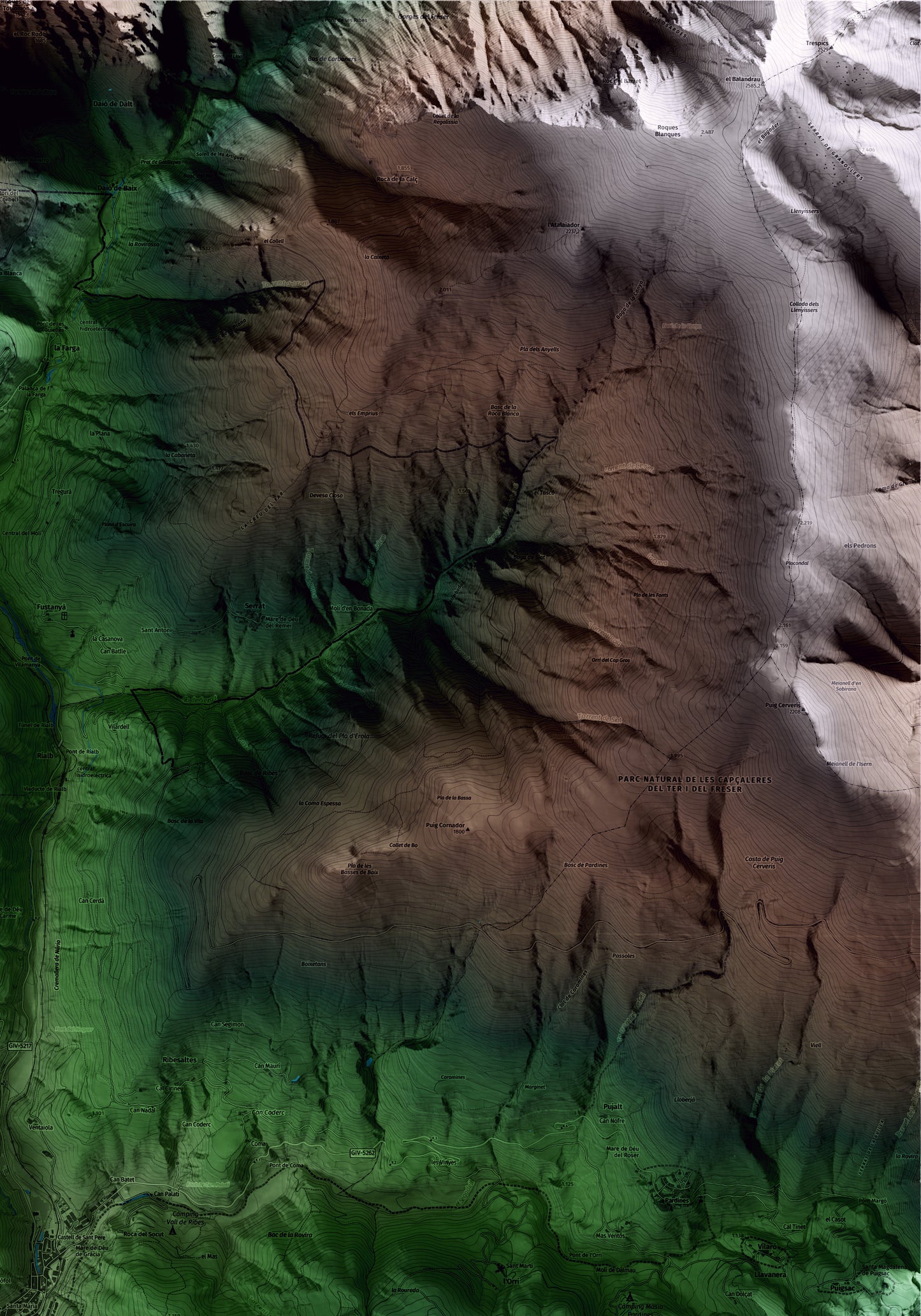 Mapa artístico del relieve de Ribes de Freser, al Ripollès, con 15 km de entorno y base topográfica ICGC. Detalle de la zona superior derecha.