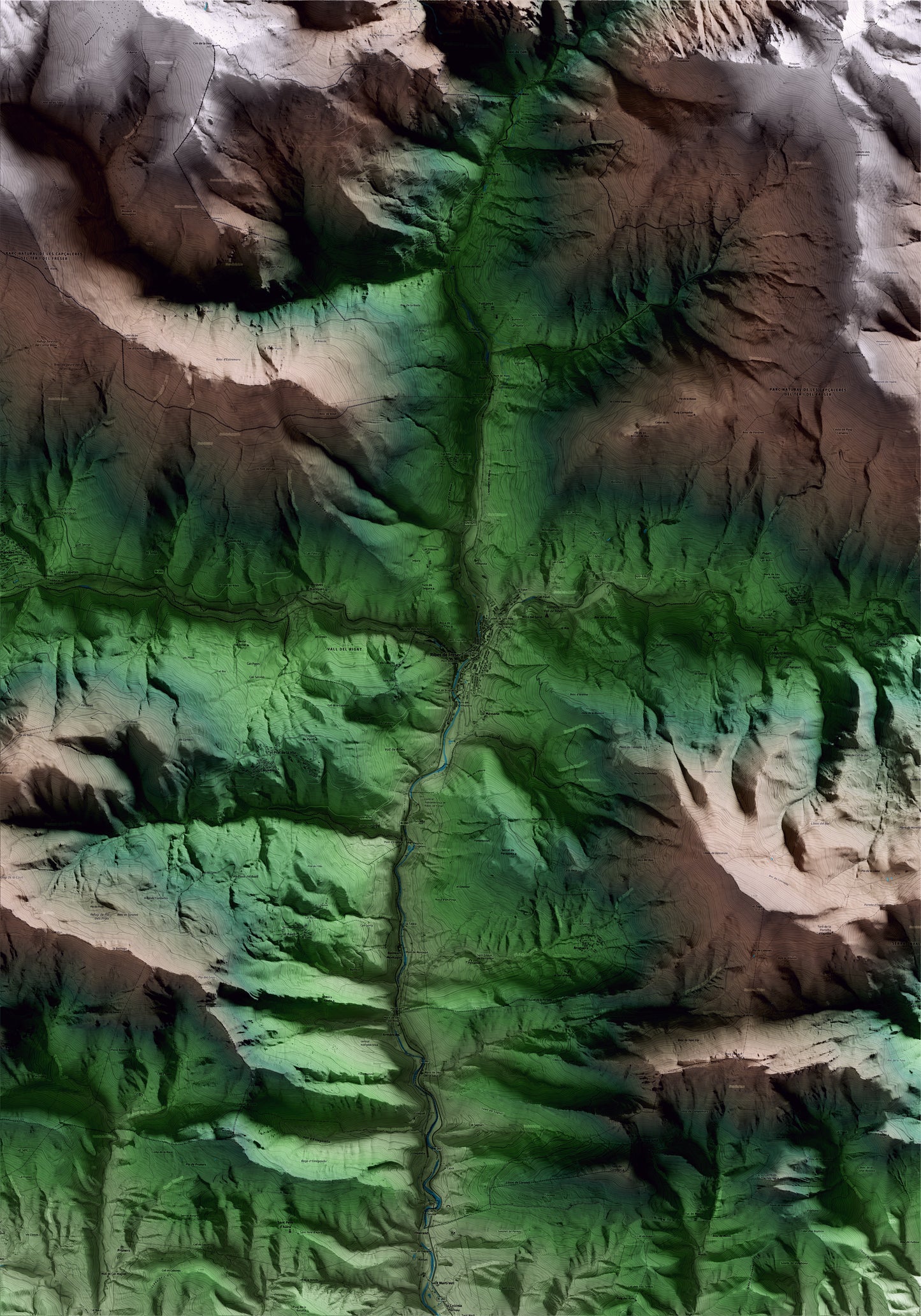 Mapa artístico del relieve de Ribes de Freser, al Ripollès, con 15 km de entorno y base topográfica ICGC