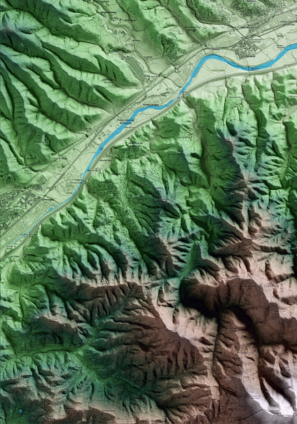 Mapa artístico del relieve de Riells i Viabrea, a la Selva, con 15 km de entorno y base topográfica ICGC. Detalle de la zona inferior izquierda.