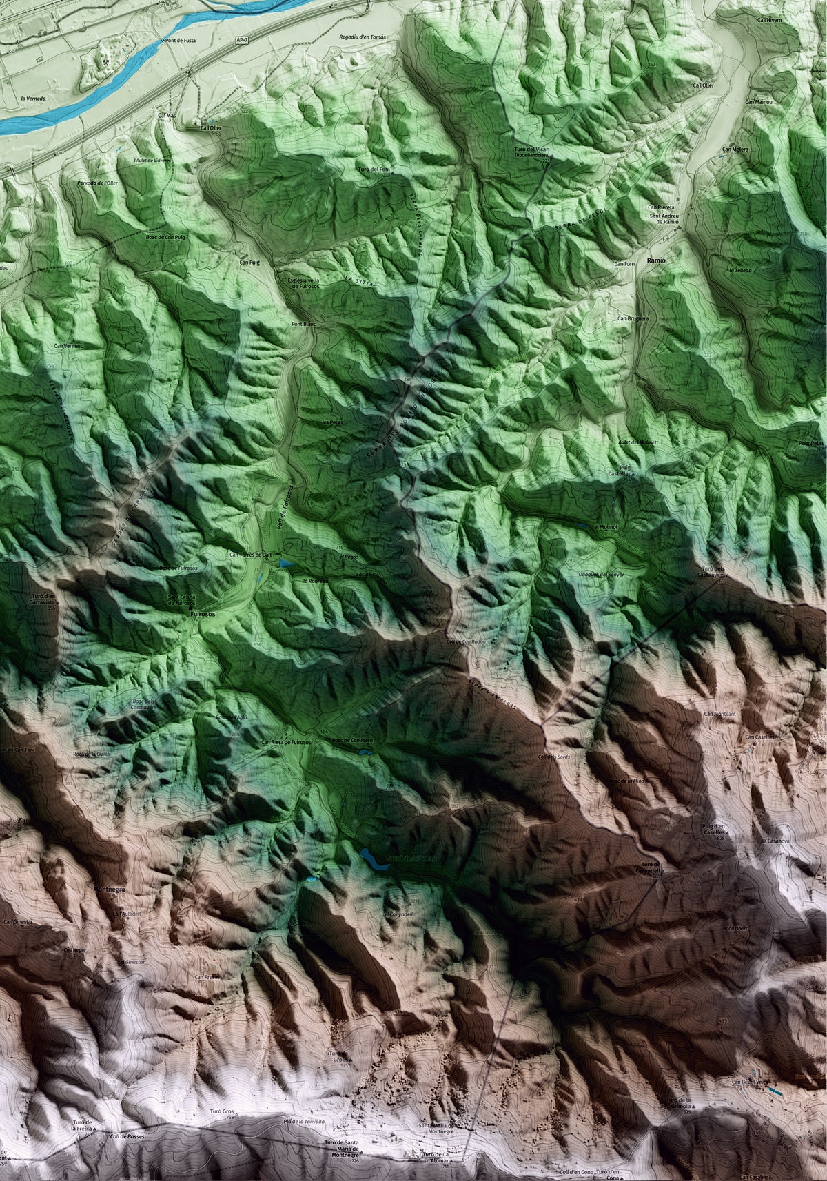 Mapa artístico del relieve de Riells i Viabrea, a la Selva, con 15 km de entorno y base topográfica ICGC. Detalle de la zona inferior derecha.