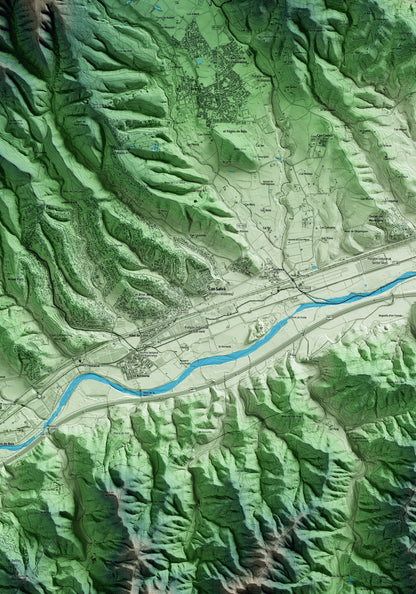 Mapa artístico del relieve de Riells i Viabrea, a la Selva, con 15 km de entorno y base topográfica ICGC. Detalle de la zona central.