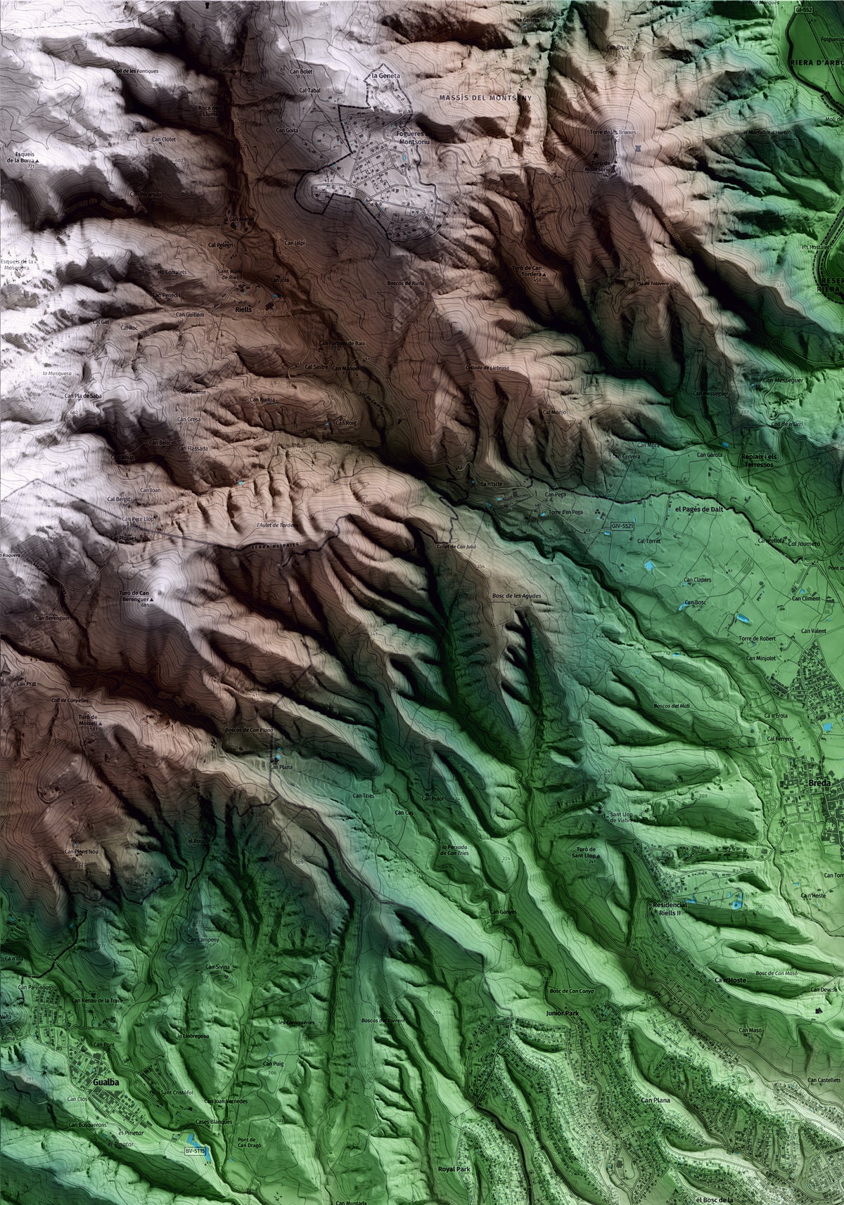 Mapa artístico del relieve de Riells i Viabrea, a la Selva, con 15 km de entorno y base topográfica ICGC. Detalle de la zona superior izquierda.