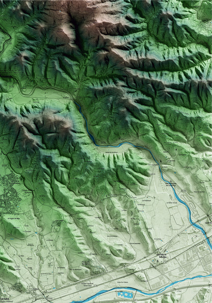 Mapa artístico del relieve de Riells i Viabrea, a la Selva, con 15 km de entorno y base topográfica ICGC. Detalle de la zona superior derecha.