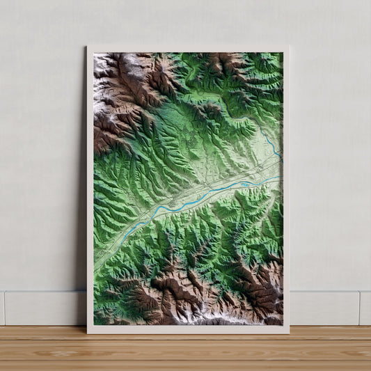 Mapa artístico del relieve de Riells i Viabrea, a la Selva, con 15 km de entorno y base topográfica ICGC. Presentación enmarcada.