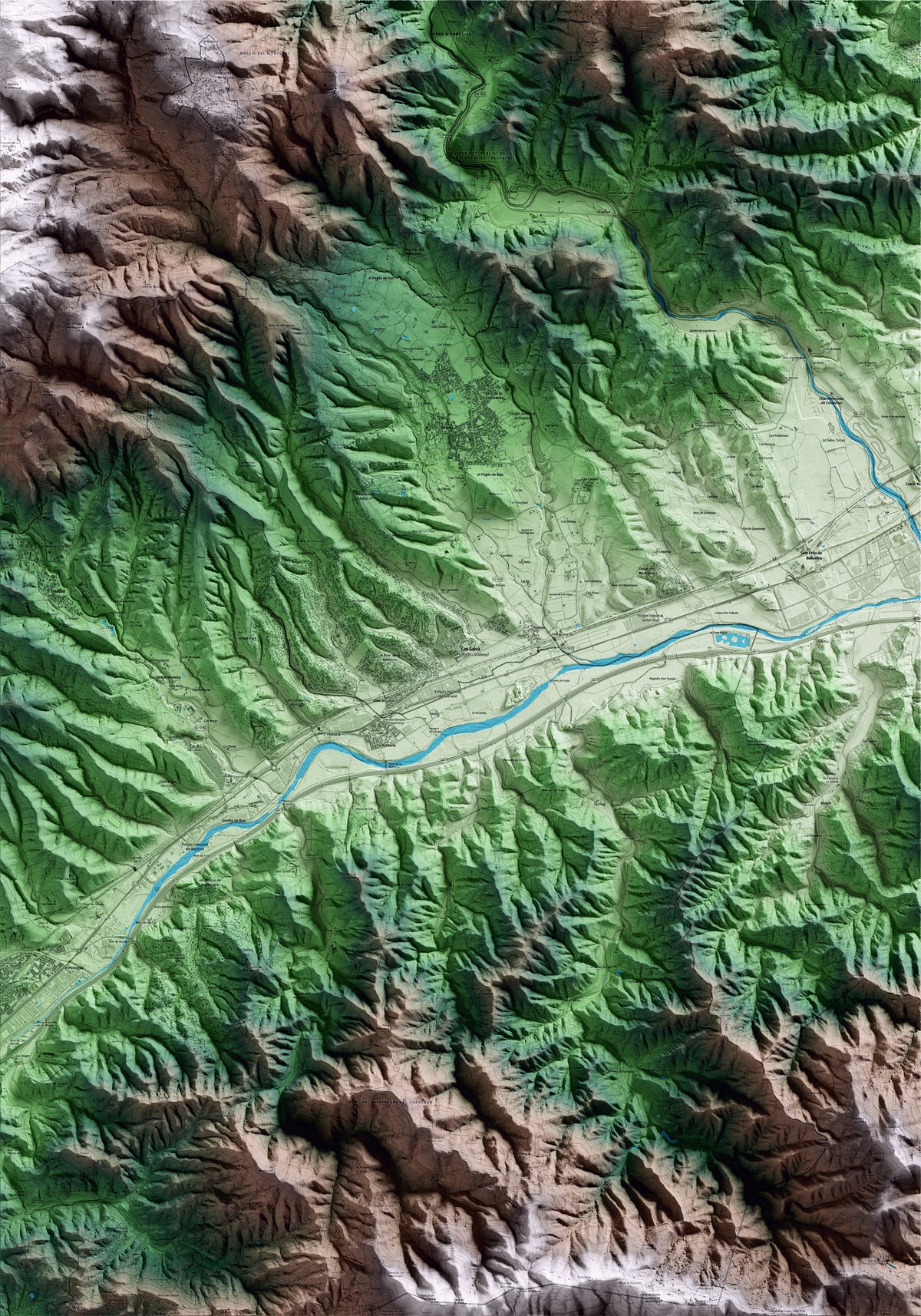 Mapa artístico del relieve de Riells i Viabrea, a la Selva, con 15 km de entorno y base topográfica ICGC