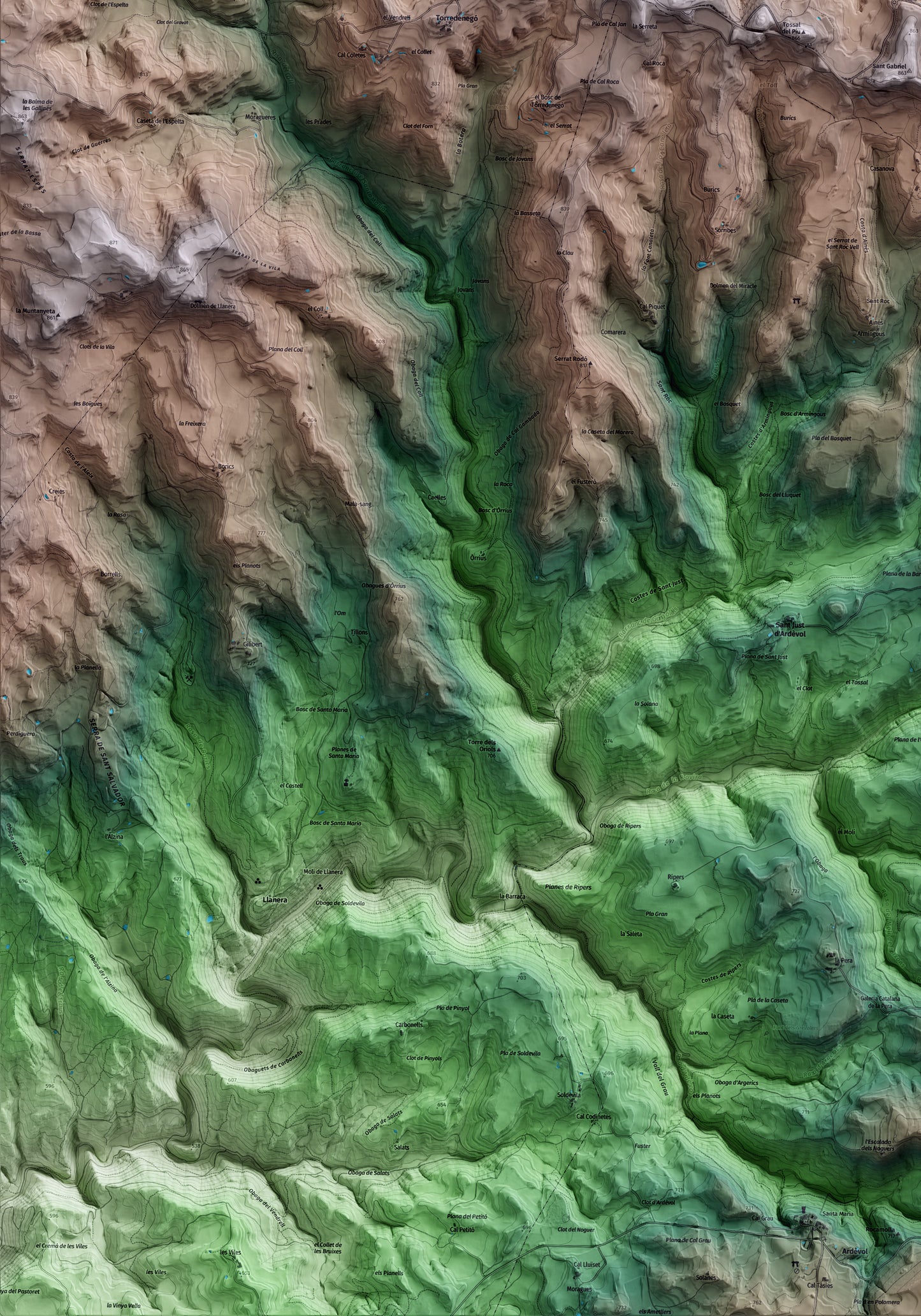 Mapa artístico del relieve de Riner, al Solsonès, con 15 km de entorno y base topográfica ICGC. Detalle de la zona inferior izquierda.