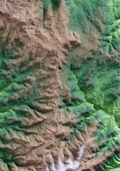 Mapa artístico del relieve de Riner, al Solsonès, con 15 km de entorno y base topográfica ICGC. Detalle de la zona inferior derecha.