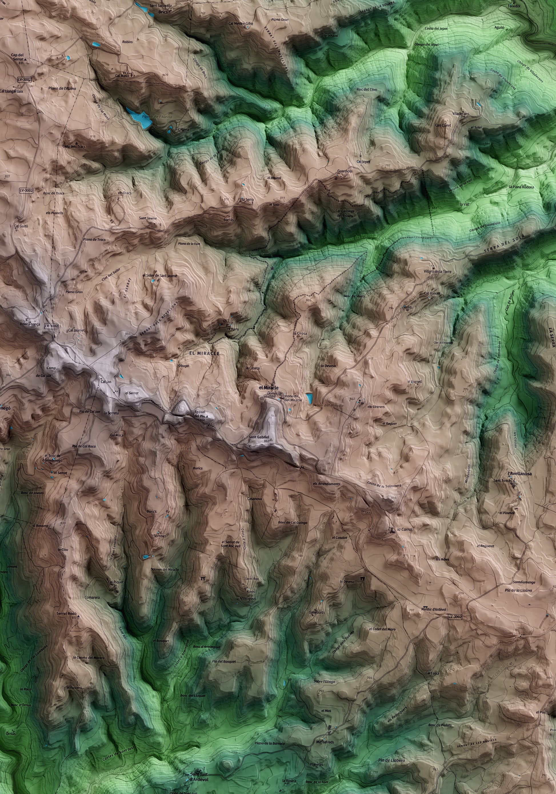 Mapa artístico del relieve de Riner, al Solsonès, con 15 km de entorno y base topográfica ICGC. Detalle de la zona central.