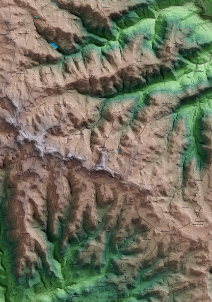 Mapa artístico del relieve de Riner, al Solsonès, con 15 km de entorno y base topográfica ICGC. Detalle de la zona central.