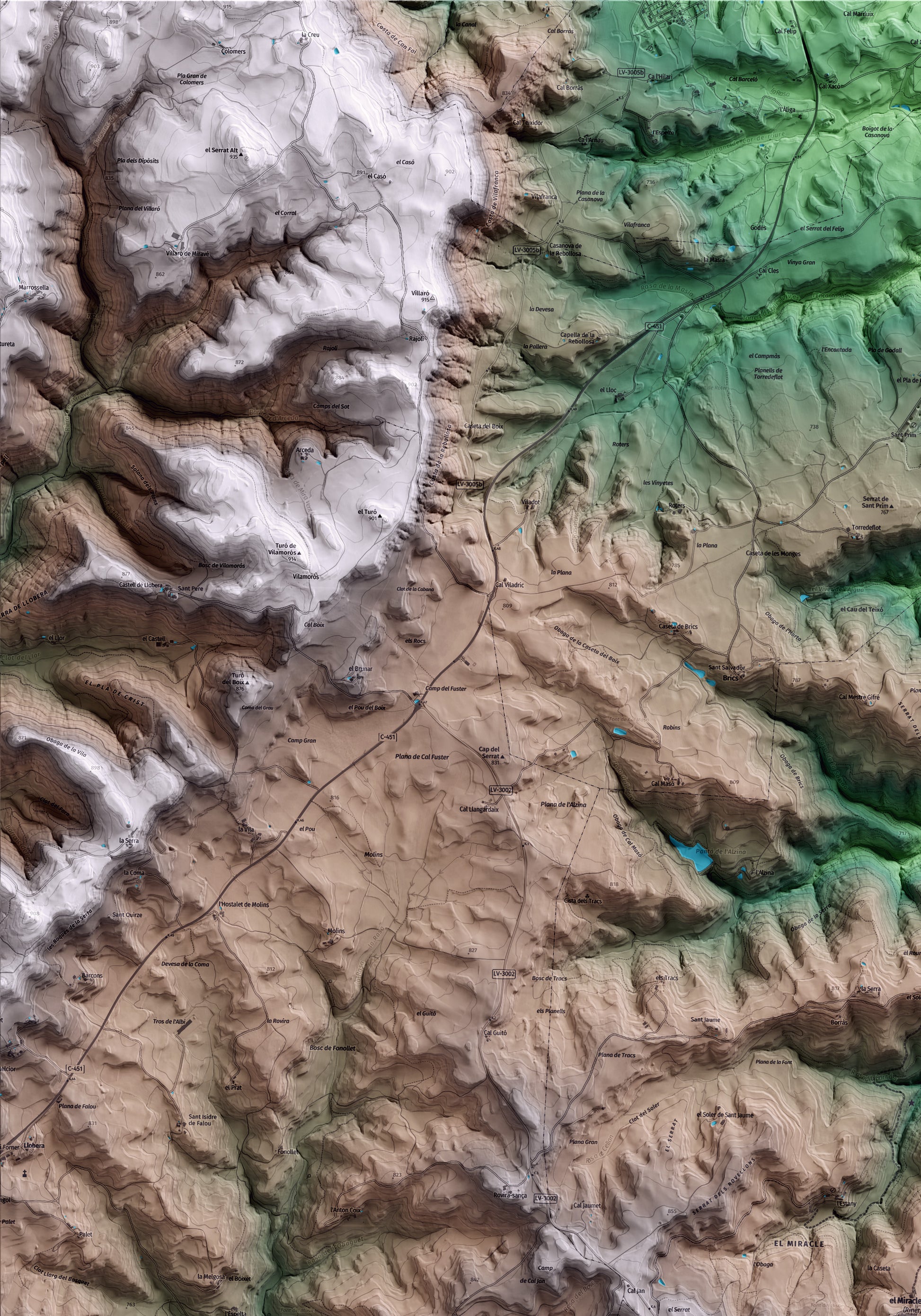 Mapa artístico del relieve de Riner, al Solsonès, con 15 km de entorno y base topográfica ICGC. Detalle de la zona superior izquierda.