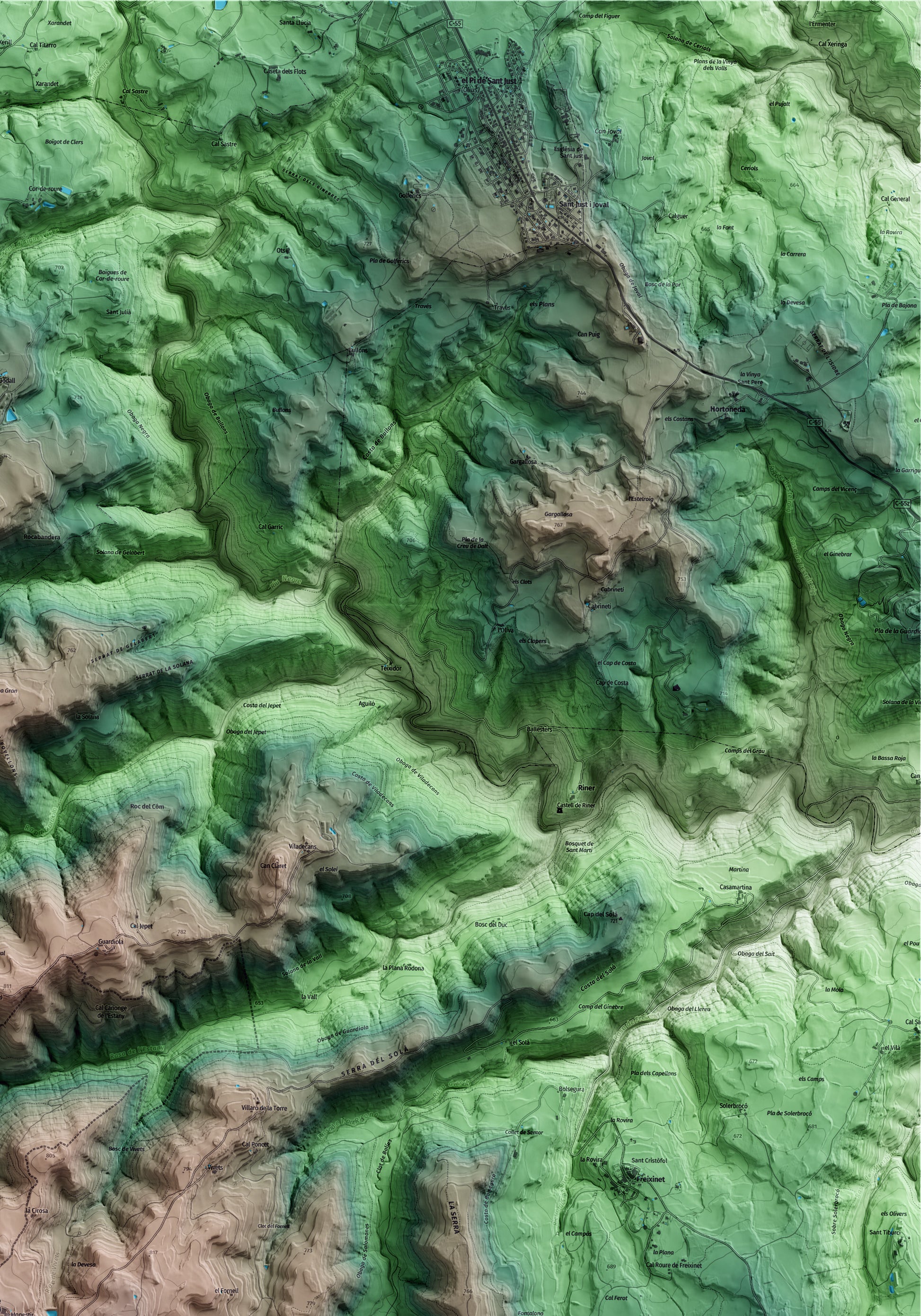 Mapa artístico del relieve de Riner, al Solsonès, con 15 km de entorno y base topográfica ICGC. Detalle de la zona superior derecha.