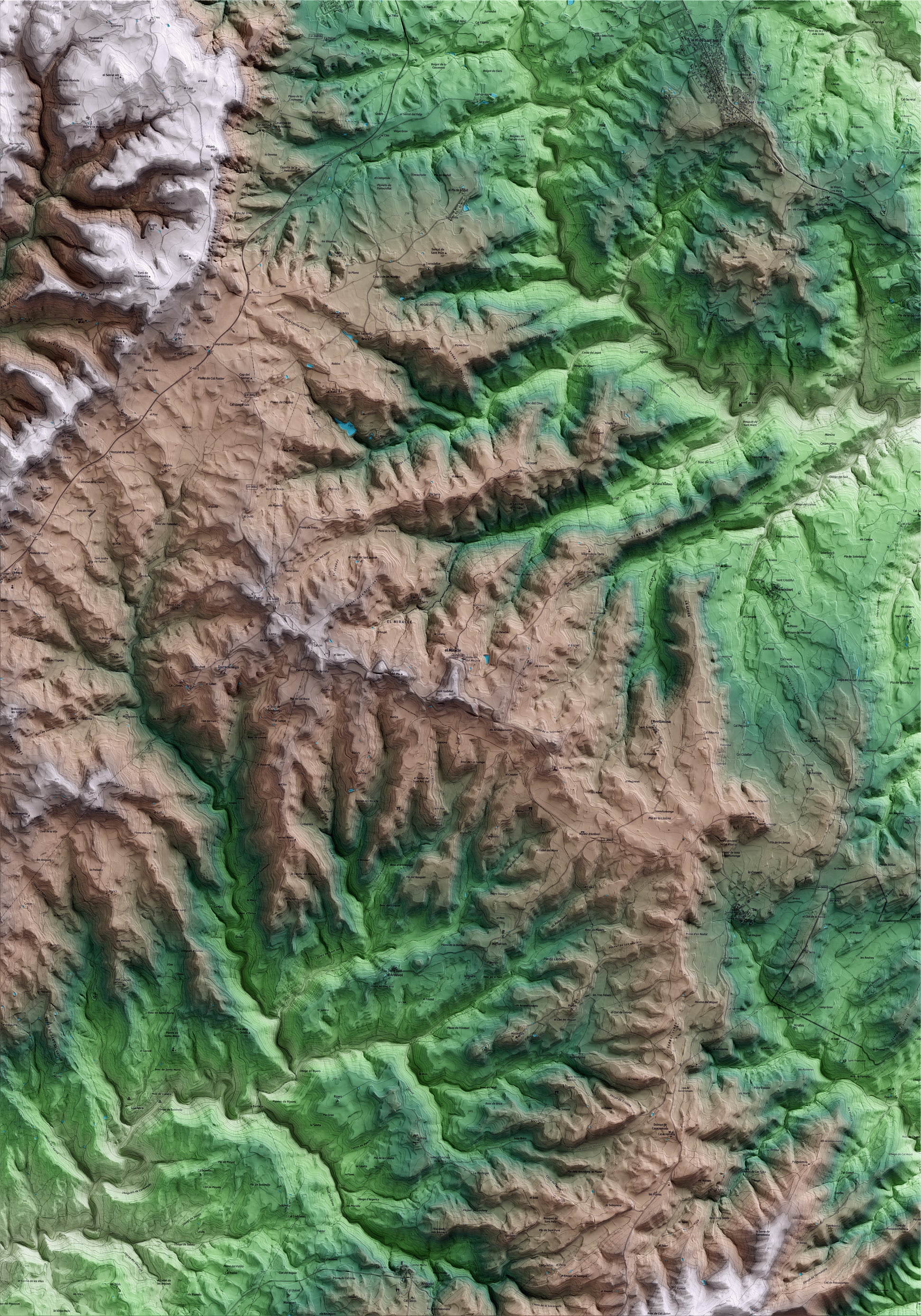 Mapa artístico del relieve de Riner, al Solsonès, con 15 km de entorno y base topográfica ICGC