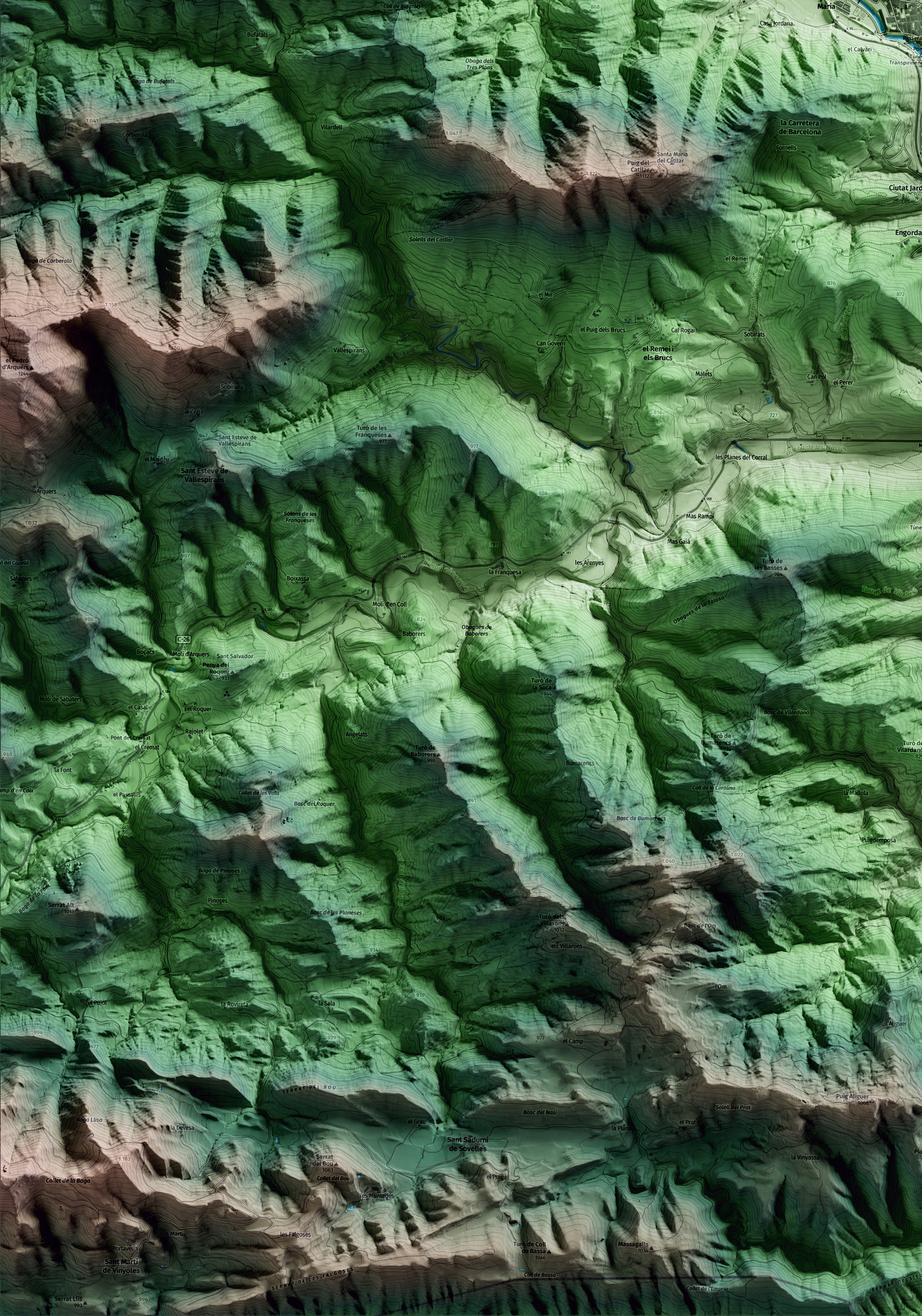 Mapa artístico del relieve de Ripoll, al Ripollès, con 15 km de entorno y base topográfica ICGC. Detalle de la zona inferior izquierda.