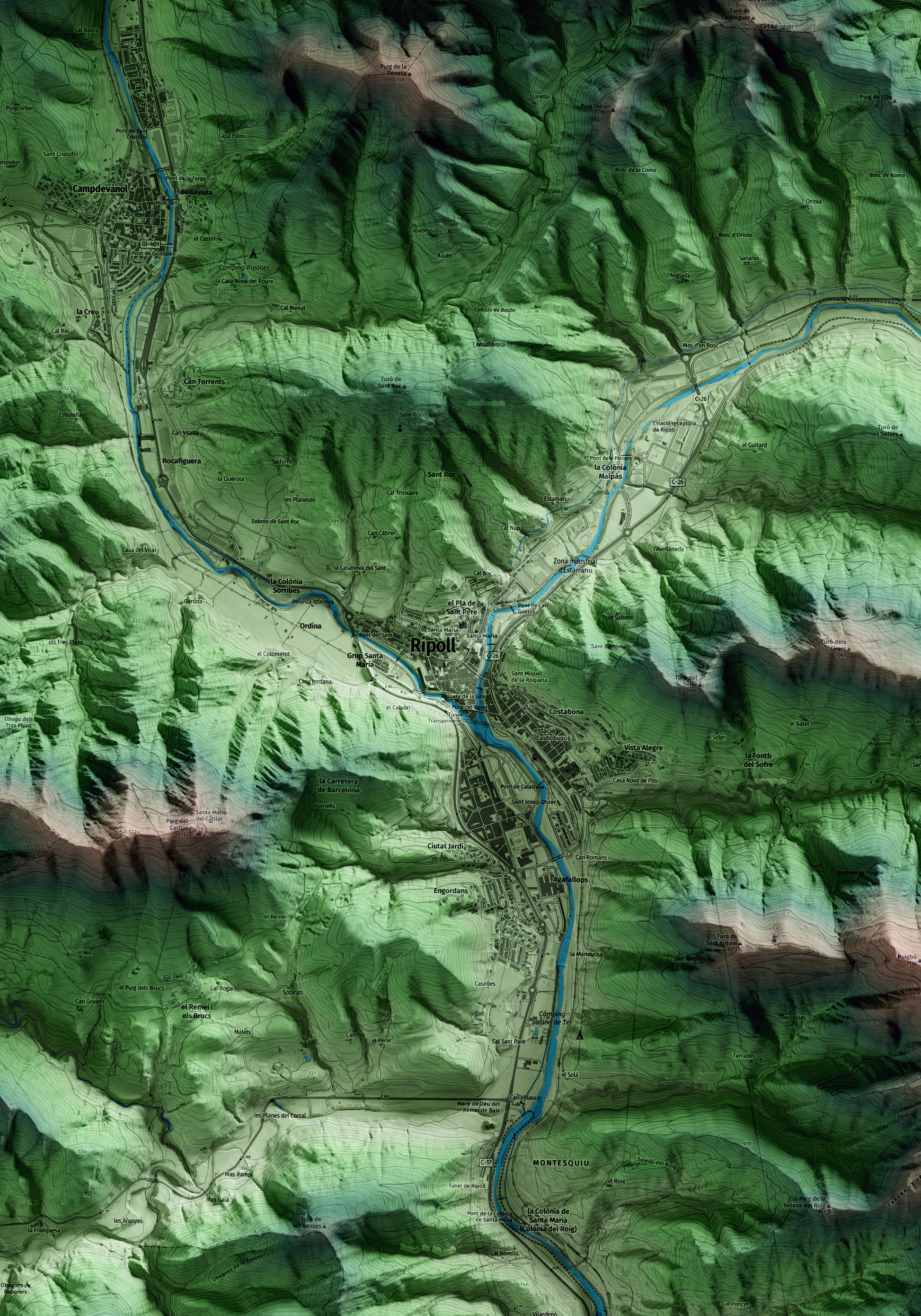 Mapa artístico del relieve de Ripoll, al Ripollès, con 15 km de entorno y base topográfica ICGC. Detalle de la zona central.