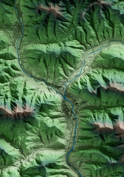 Mapa artístico del relieve de Ripoll, al Ripollès, con 15 km de entorno y base topográfica ICGC. Detalle de la zona central.