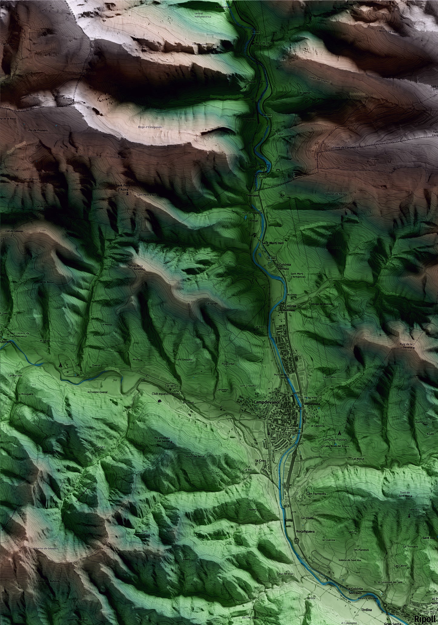 Mapa artístico del relieve de Ripoll, al Ripollès, con 15 km de entorno y base topográfica ICGC. Detalle de la zona superior izquierda.