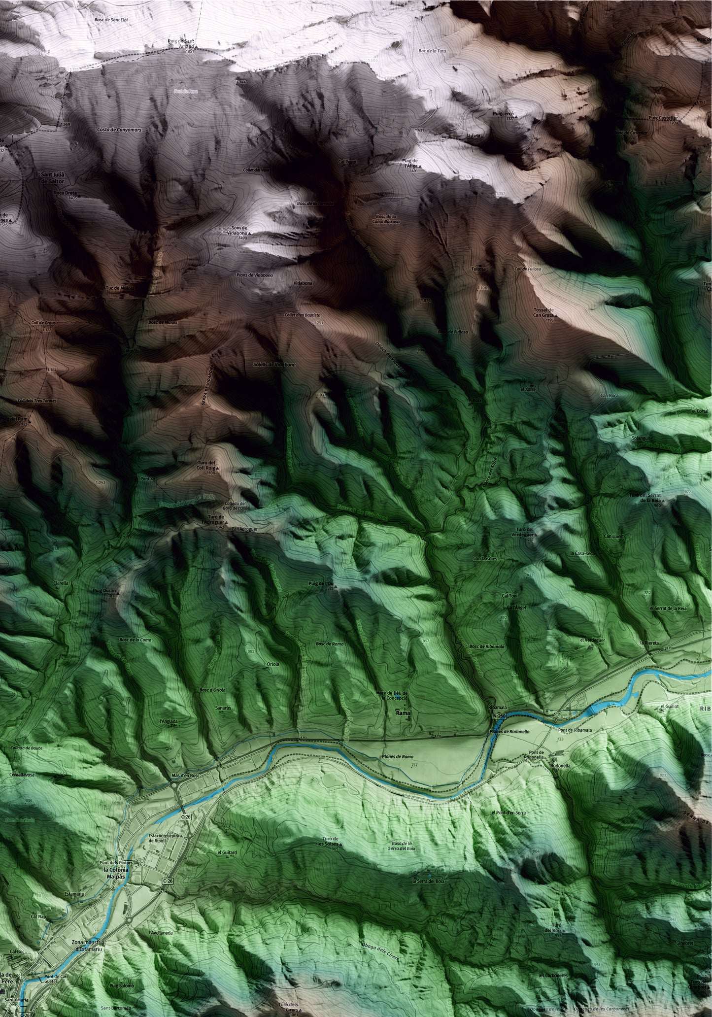 Mapa artístico del relieve de Ripoll, al Ripollès, con 15 km de entorno y base topográfica ICGC. Detalle de la zona superior derecha.