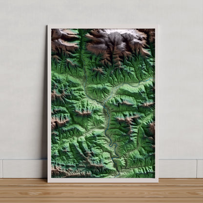 Mapa artístico del relieve de Ripoll, al Ripollès, con 15 km de entorno y base topográfica ICGC. Presentación enmarcada.