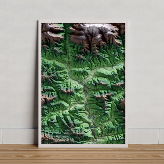 Mapa artístico del relieve de Ripoll, al Ripollès, con 15 km de entorno y base topográfica ICGC. Presentación enmarcada.