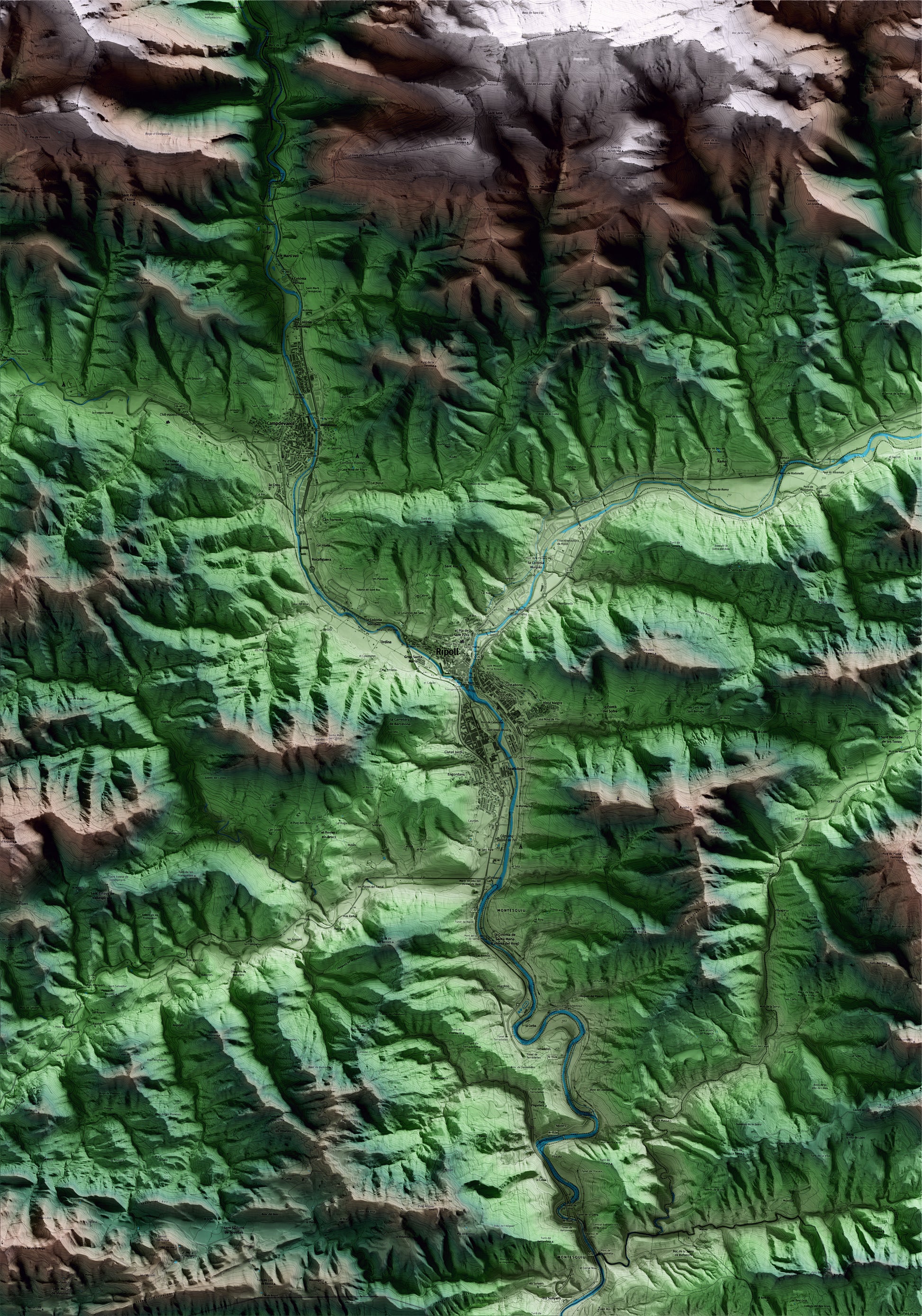 Mapa artístico del relieve de Ripoll, al Ripollès, con 15 km de entorno y base topográfica ICGC