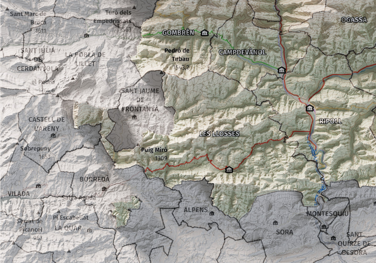 Mapa de relleu del Ripollès, amb el territori en color i l’entorn en blanc. Detall de la part inferior esquerra. 21 × 30 cm. Estil Cartogràfic.