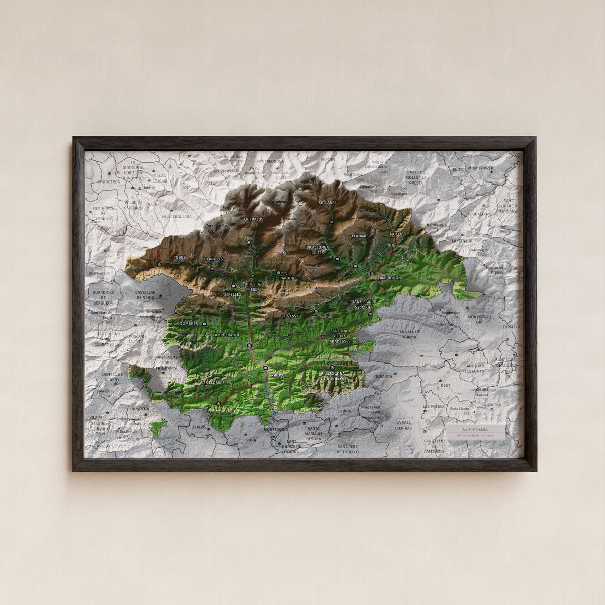 Mapa de relleu del Ripollès, amb el territori en color i l’entorn en blanc. Presentació amb marc. 21 × 30 cm. Estil Clàssic.
