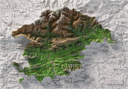 Mapa de relleu del Ripollès, amb el territori en color i l’entorn en blanc. Vista completa de la làmina. 21 × 30 cm. Estil Clàssic.