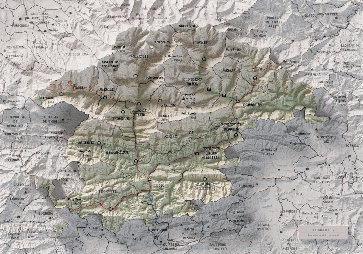 Mapa de relleu del Ripollès, amb el territori en color i l’entorn en blanc. Vista completa de la làmina. 21 × 30 cm. Estil Cartogràfic.