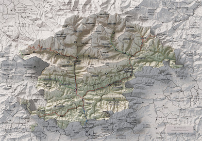 Mapa de relleu del Ripollès, amb el territori en color i l’entorn en blanc. Vista completa de la làmina. 21 × 30 cm. Estil Cartogràfic.