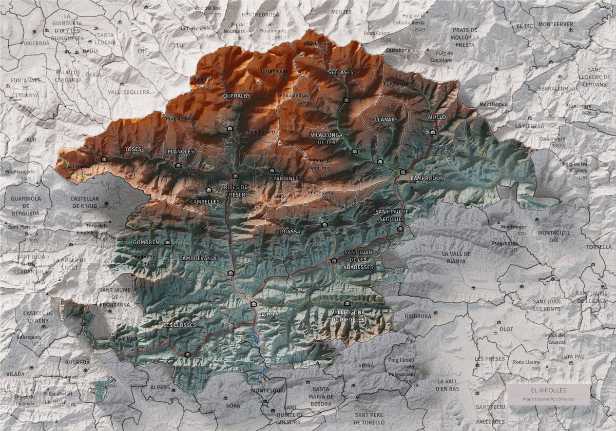 Mapa de relleu del Ripollès, amb el territori en color i l’entorn en blanc. Vista completa de la làmina. 21 × 30 cm. Estil Blau i taronja.