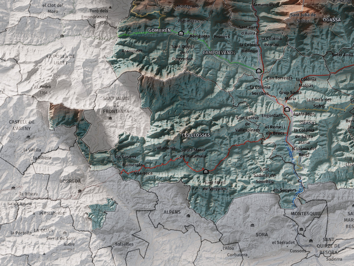 Mapa de relleu del Ripollès, amb el territori en color i l’entorn en blanc. Detall de la part inferior esquerra. 30 × 40 cm. Estil Blau i taronja.