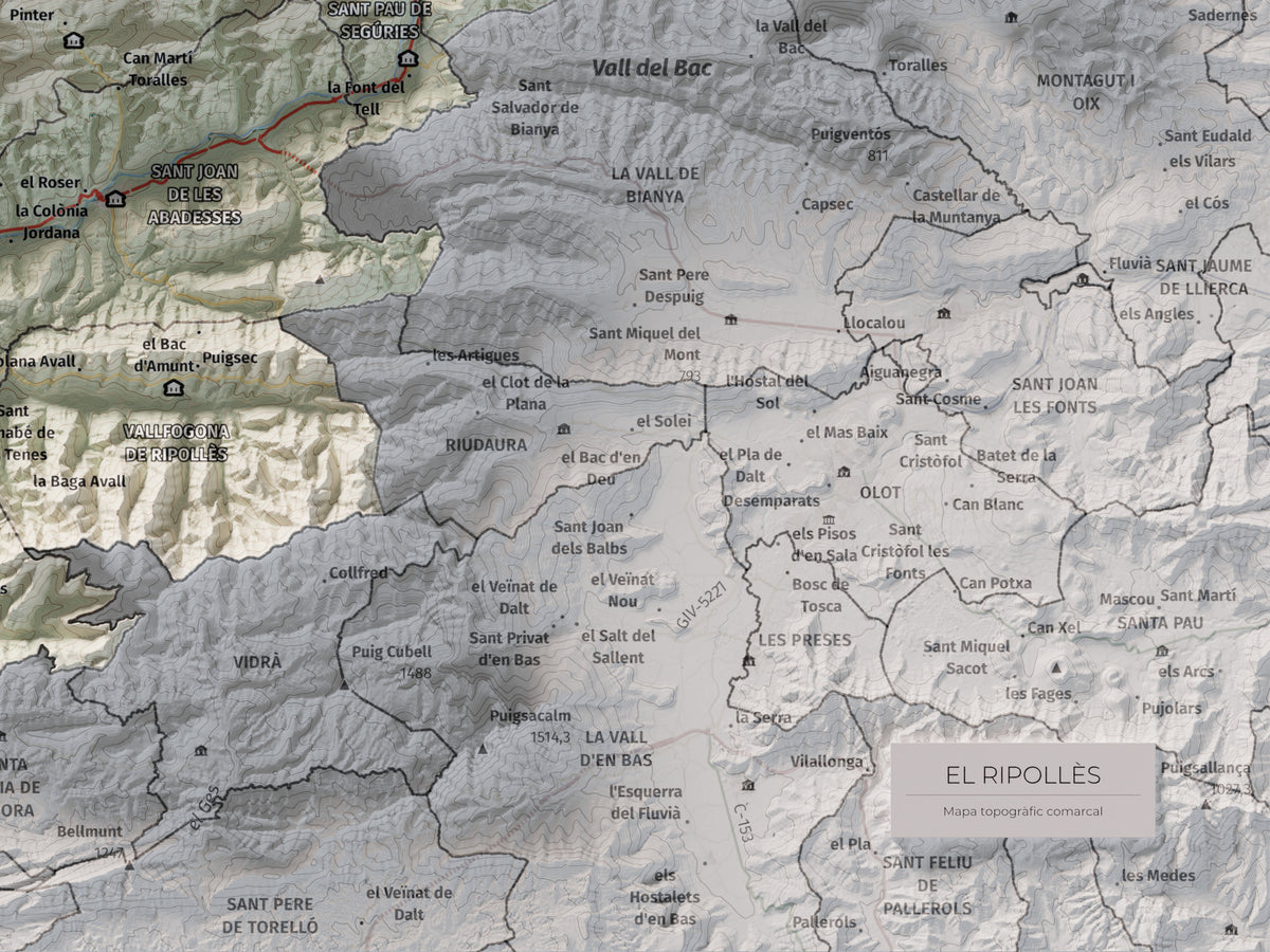 Mapa de relleu del Ripollès, amb el territori en color i l’entorn en blanc. Detall de la part inferior dreta. 30 × 40 cm. Estil Cartogràfic.