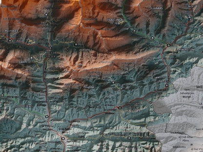 Mapa de relleu del Ripollès, amb el territori en color i l’entorn en blanc. Detall de la part central. 30 × 40 cm. Estil Blau i taronja.