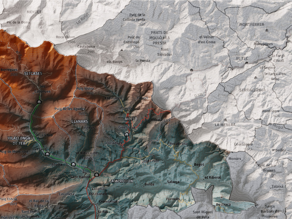 Mapa de relleu del Ripollès, amb el territori en color i l’entorn en blanc. Detall de la part superior dreta. 30 × 40 cm. Estil Blau i taronja.
