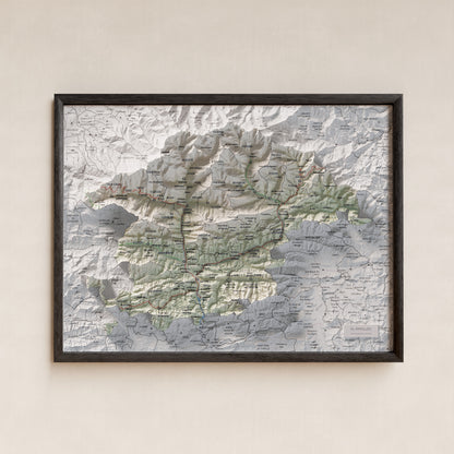 Mapa de relleu del Ripollès, amb el territori en color i l’entorn en blanc. Presentació amb marc. 30 × 40 cm. Estil Cartogràfic.