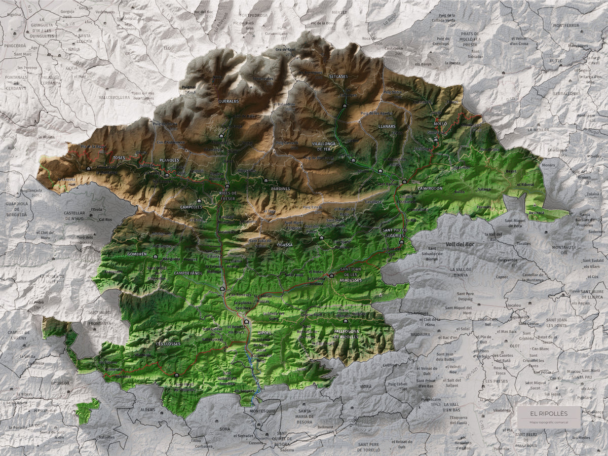 Mapa de relleu del Ripollès, amb el territori en color i l’entorn en blanc. Vista completa de la làmina. 30 × 40 cm. Estil Clàssic.
