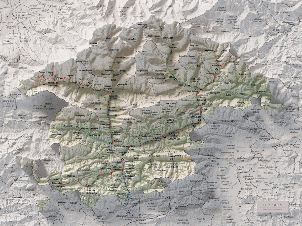 Mapa de relleu del Ripollès, amb el territori en color i l’entorn en blanc. Vista completa de la làmina. 30 × 40 cm. Estil Cartogràfic.