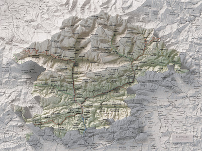 Mapa de relleu del Ripollès, amb el territori en color i l’entorn en blanc. Vista completa de la làmina. 30 × 40 cm. Estil Cartogràfic.