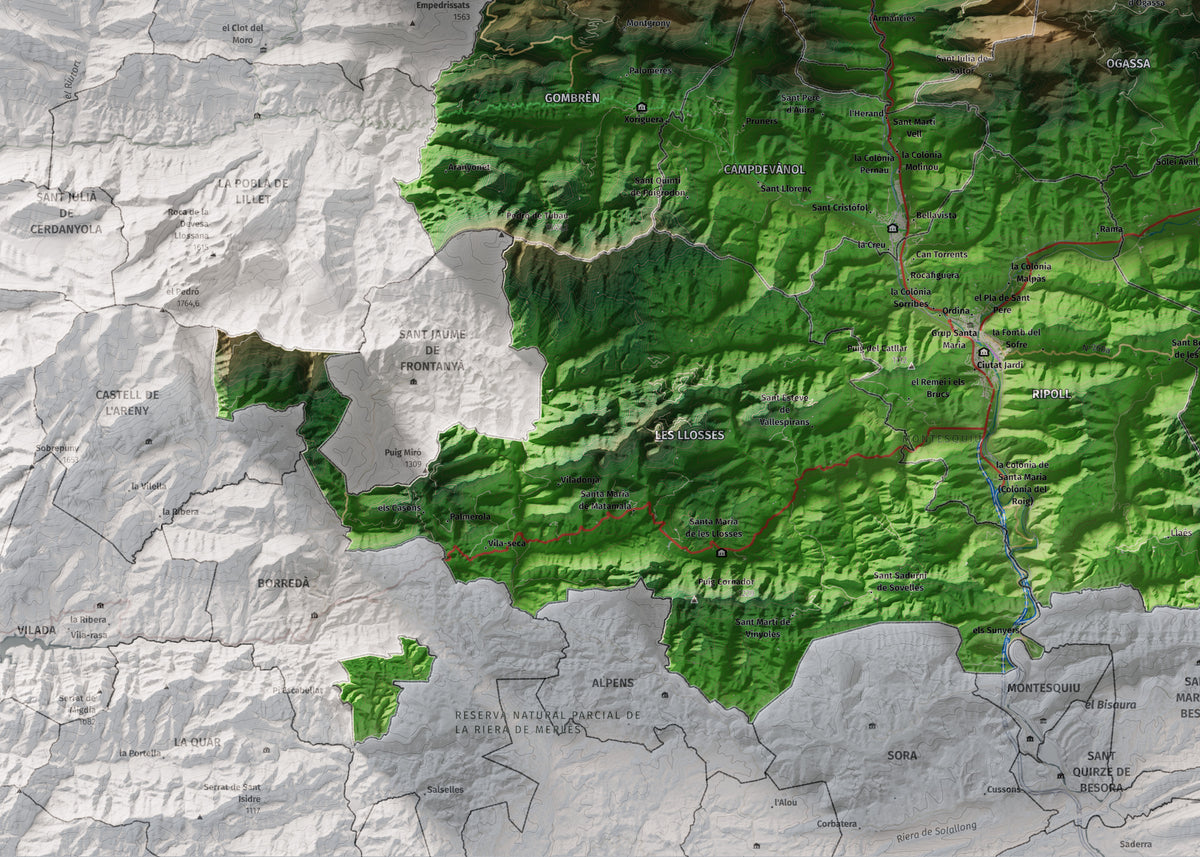 Mapa de relleu del Ripollès, amb el territori en color i l’entorn en blanc. Detall de la part inferior esquerra. 50 × 70 cm. Estil Clàssic.