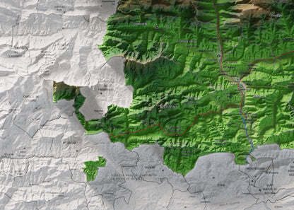 Mapa de relleu del Ripollès, amb el territori en color i l’entorn en blanc. Detall de la part inferior esquerra. 50 × 70 cm. Estil Clàssic.