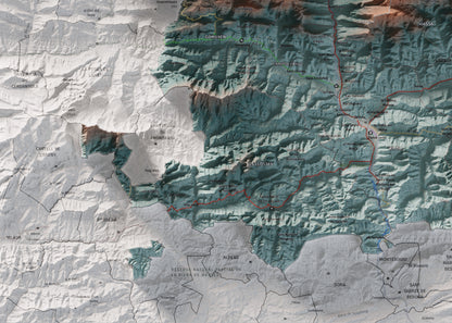 Mapa de relleu del Ripollès, amb el territori en color i l’entorn en blanc. Detall de la part inferior esquerra. 50 × 70 cm. Estil Blau i taronja.