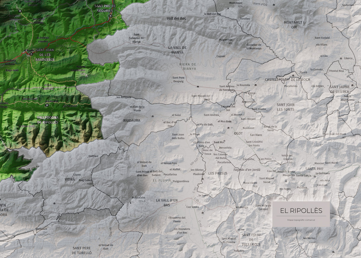 Mapa de relleu del Ripollès, amb el territori en color i l’entorn en blanc. Detall de la part inferior dreta. 50 × 70 cm. Estil Clàssic.