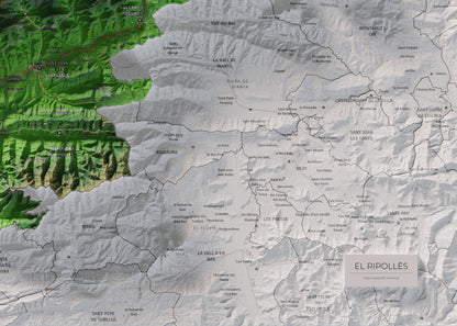 Mapa de relleu del Ripollès, amb el territori en color i l’entorn en blanc. Detall de la part inferior dreta. 50 × 70 cm. Estil Clàssic.