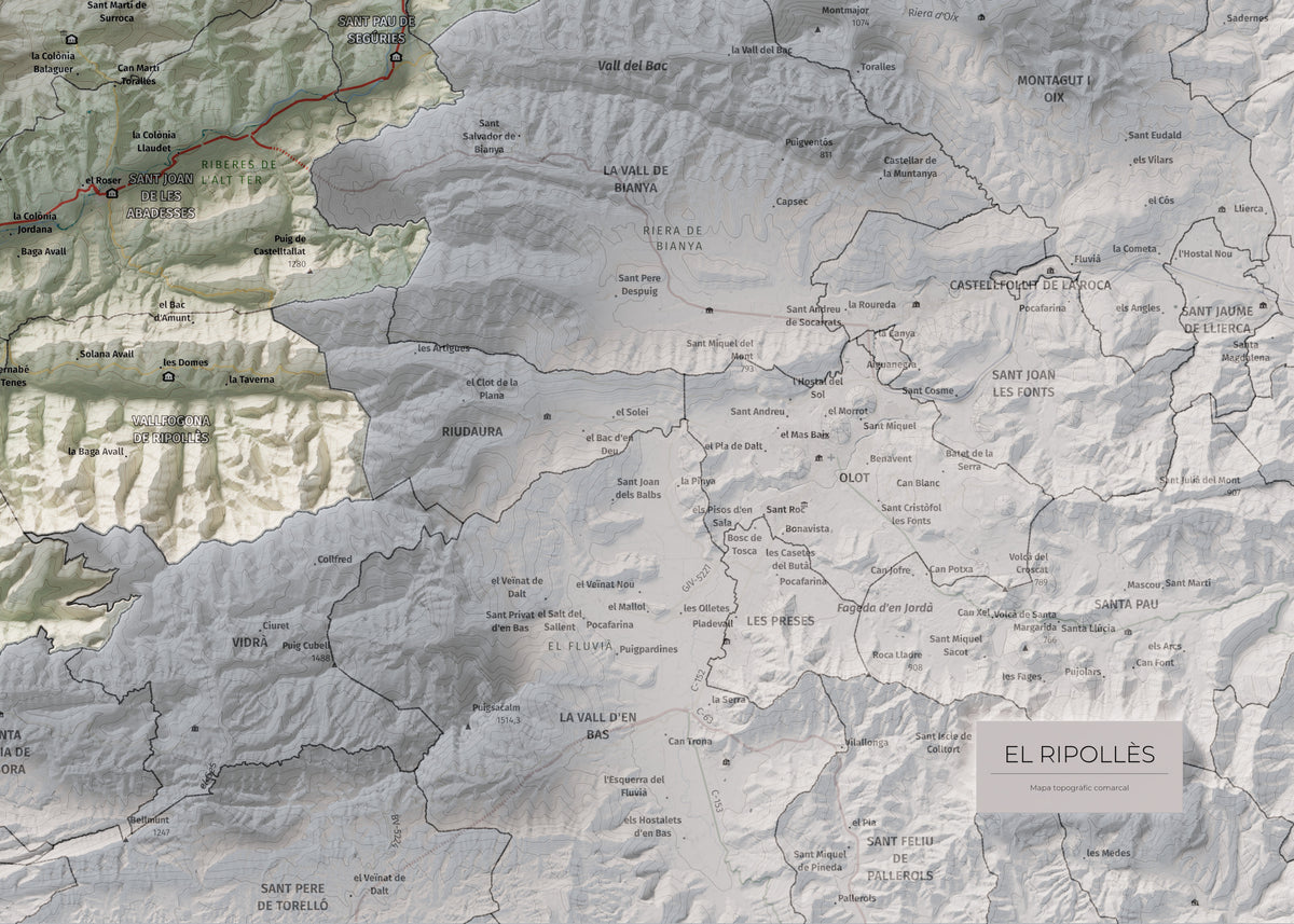 Mapa de relleu del Ripollès, amb el territori en color i l’entorn en blanc. Detall de la part inferior dreta. 50 × 70 cm. Estil Cartogràfic.